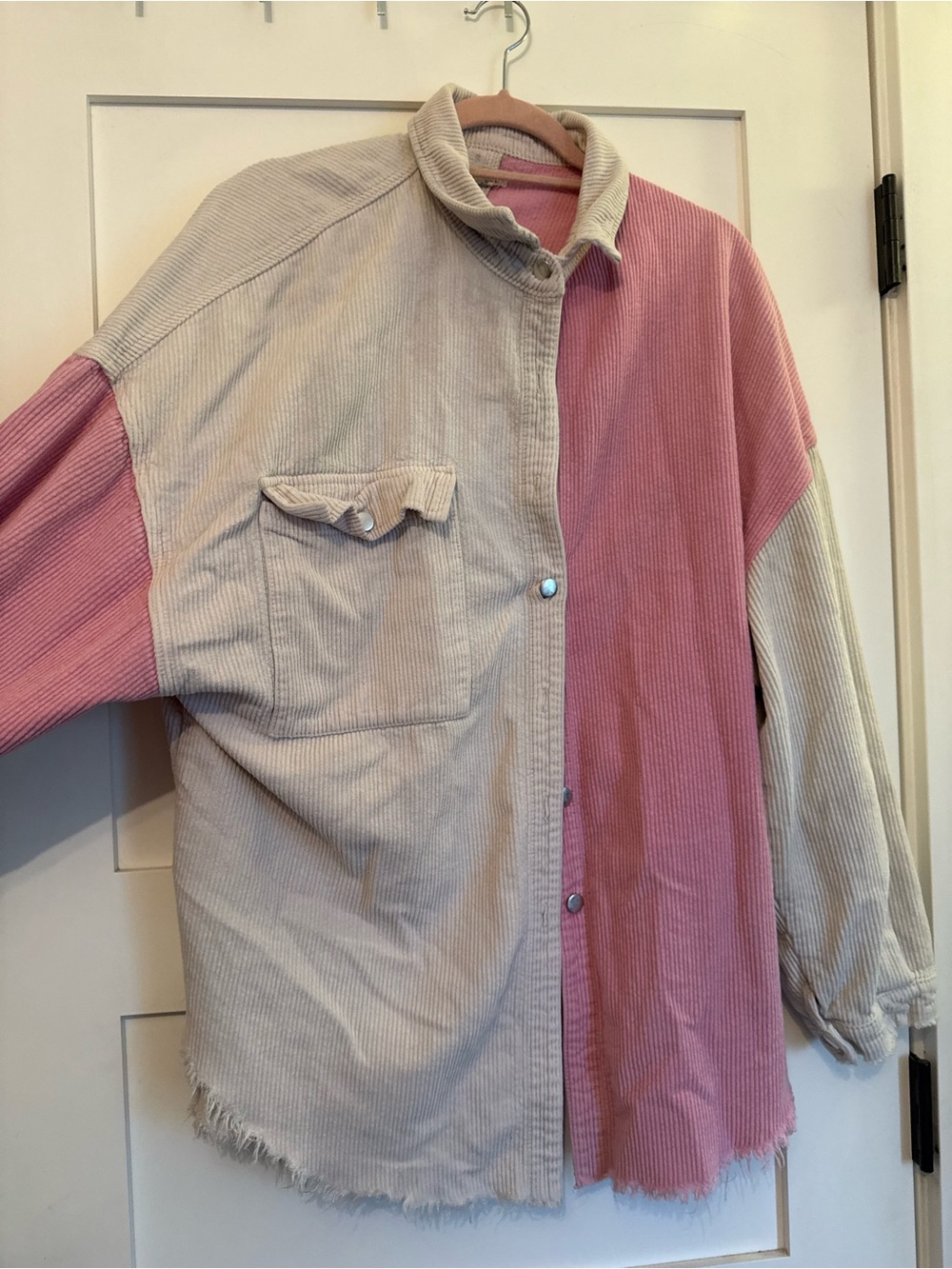 POL Two-Tone Corduroy Shacket in Beige and Dusty Pink